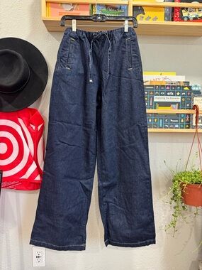 Zara Drawstring Wide-Leg Denim Pants - Dark Indigo